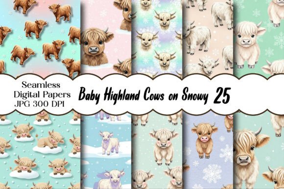 Download Baby Highland Cows on Snowy Pastel Paper - Premium Resources